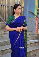 MS Blue - Maheswari - Premium lightweight cotton silk with contrast pallu and blouse